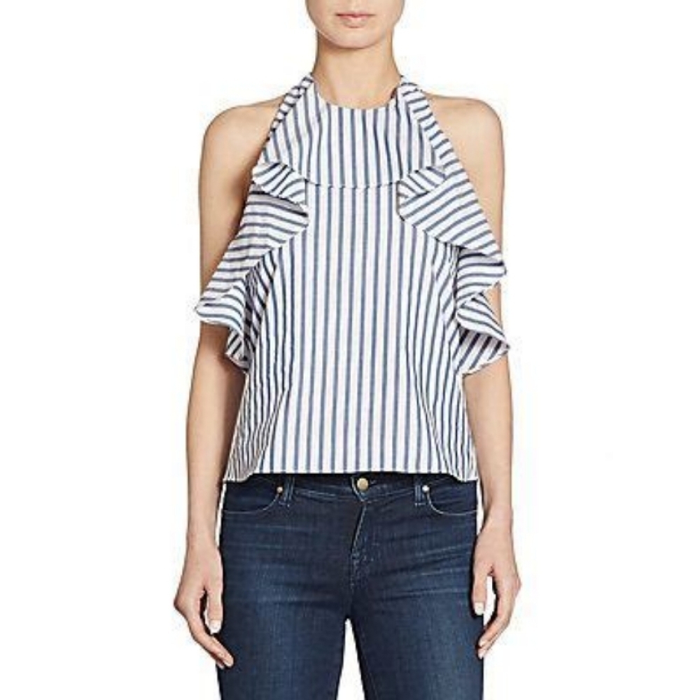 Alice + Olivia Windy Ruffled Swing Halter Top Striped Backless Blue White Small